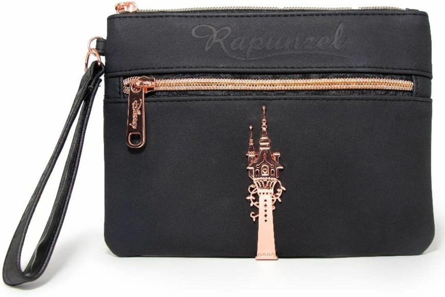 Hot Buckle-Down Buckle Down Disney Wallet, Double Pocket Wristlet, Script Debossed, Castle Emblem Gold, Black, Vegan Leather, Tangled Rapunzel