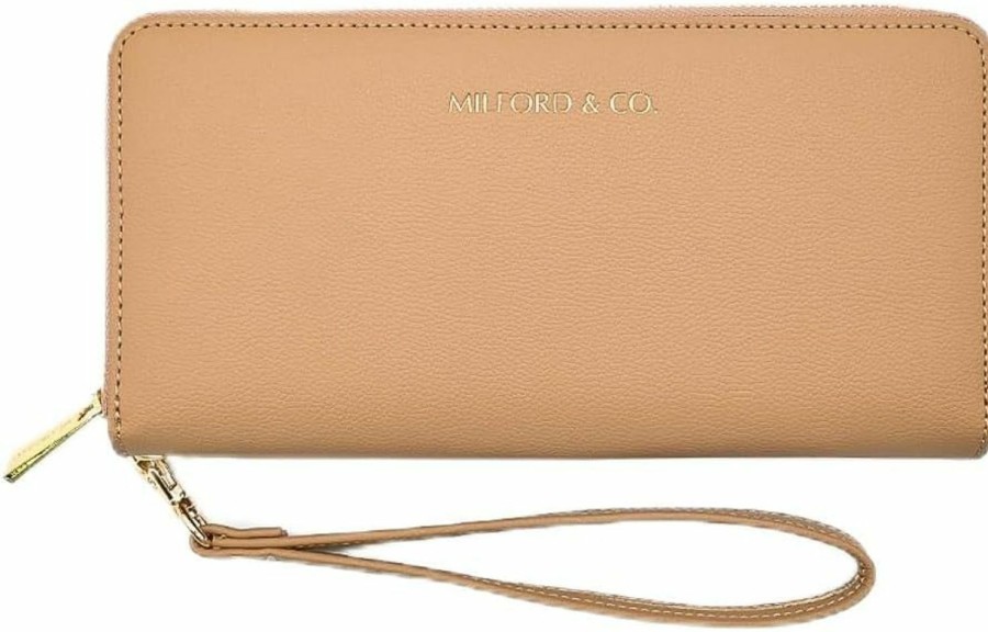 Wholesale Milford & Co. Milford & Co. Microfiber Leather Women'S Wallet With Zip Around Flat Lay Phone Clutch Card Holder With Wristlet (Tan)