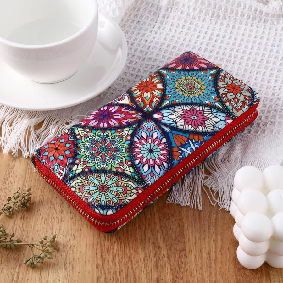 Hot WHZHAOCAI Whzhaocai Women Genuine Leather Wallets Abstract Boho Flowers Mandala Credit Card Holder Case Zipper Leather Clutch Organizer Ladies Travel Long Purse Wristlet Wallet With Credit Card Holder(Red)