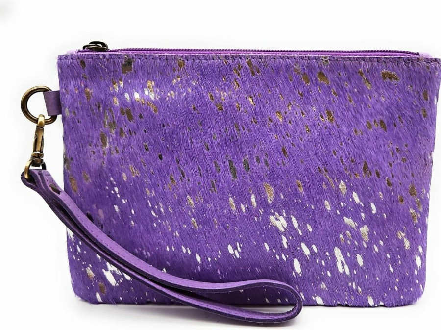 New Mesa Luna Mesa Luna Metallic Cowhide Handcrafted Large Wristlet Pouch Clutch (Amethyst)