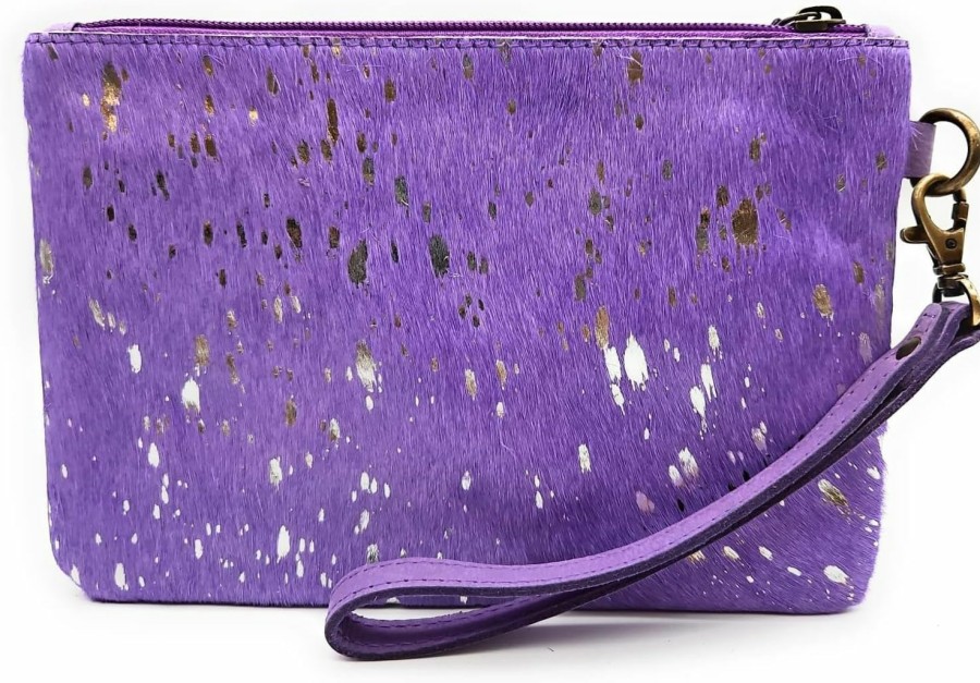 New Mesa Luna Mesa Luna Metallic Cowhide Handcrafted Large Wristlet Pouch Clutch (Amethyst)