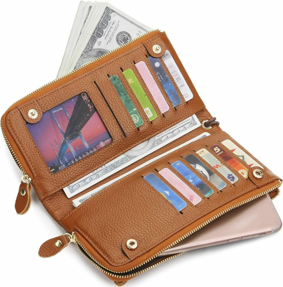 Online YALUXE Yaluxe Wristlet-For-Womens-Genuine-Leather Multi Cards Case Wallet Card Slots Double Zipper