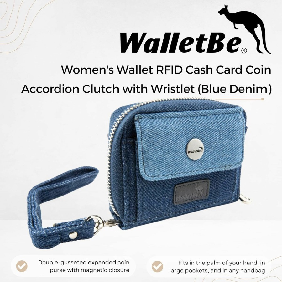 New WalletBe Walletbe Women'S Wallet Rfid Cash Card Coin Accordion Clutch With Wristlet Blue Denim