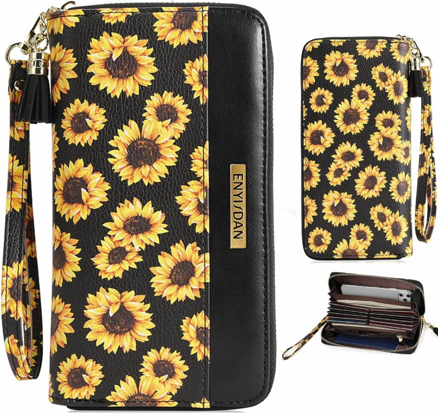 Best ENYISDAN Women'S Sunflower Wristlet Wallet Large Capacity Leather Rfid, Put Card Holder Phone, Zip Sunflower Purse Clutch For Travel Work (Sunflower)