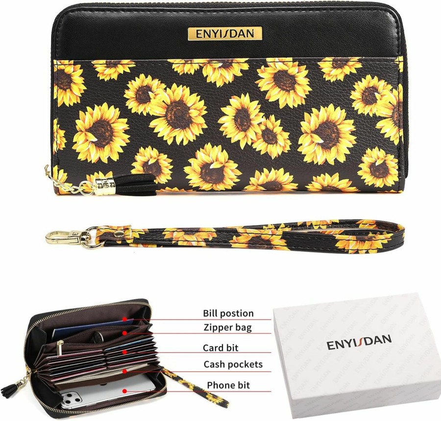 Best ENYISDAN Women'S Sunflower Wristlet Wallet Large Capacity Leather Rfid, Put Card Holder Phone, Zip Sunflower Purse Clutch For Travel Work (Sunflower)